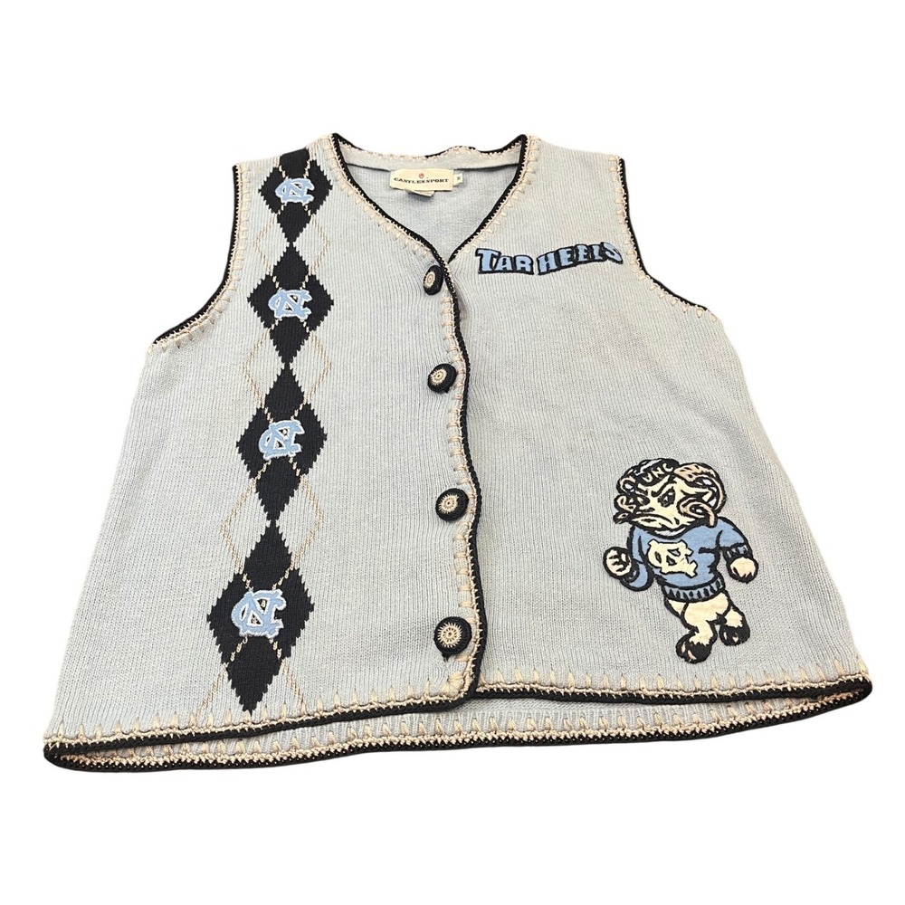 Castles Sport Sweater Vest Womens M Blue UNC Tar Heels Ram Mascot Button Up